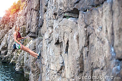 Climber rest on the route. Stock Photo