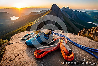 A climber's gear laid out on a rocky ledge, including carabiners, ropes, and quickdraws, ready for the ascent Stock Photo