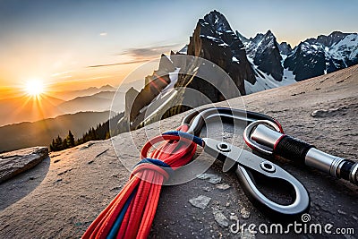 A climber's gear laid out on a rocky ledge, including carabiners, ropes, and quickdraws, ready for the ascent Stock Photo