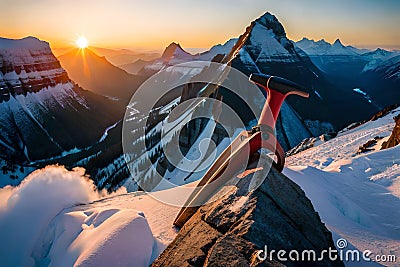 A climber's piton hammer resting against a rocky outcrop, a reminder of the route setters who forged the path Stock Photo