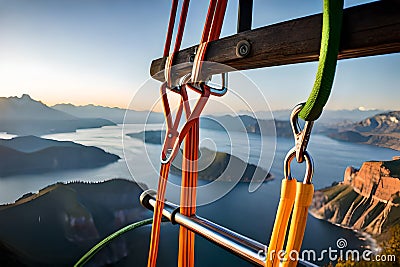 A climber's rack of quickdraws hanging from a carabiner on their harness, ready for clipping into bolts Stock Photo