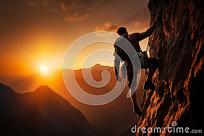 Climber scales a cliff as the sun sets behind them Stock Photo