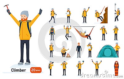 Climber set. Ready to use character set. Climber with a pick on top of a mountain, tourist hiking, resting, walking Vector Illustration