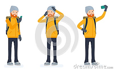 Climber set, tourist man with a phone. Isolated against white background. Vector Illustration