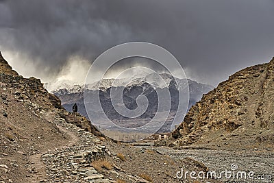 Climber walks on the mountain path that leads him to top of Stok Kangri base camp Editorial Stock Photo