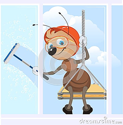 Climber washes window. Ant Industrial climber at work Vector Illustration