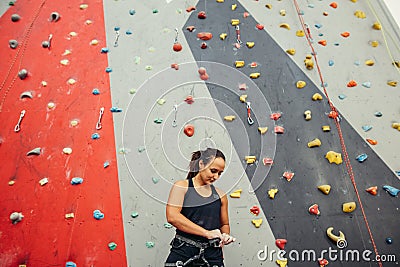 Climber woman puts on belaying harness for practice on artificial rock wall. Stock Photo