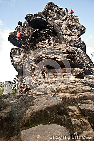 Climbers on Krkavci kameny rocks in Luzicke hory mountains Editorial Stock Photo