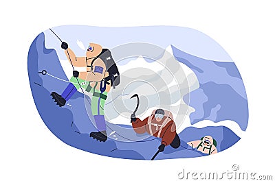 Climbers on mountain on winter holiday. Alpinists team climbing on snow peak, snowy rock. Extreme sports activity in Vector Illustration