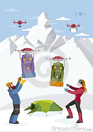 Climbers Receive Backpacks by Drones Stock Photo