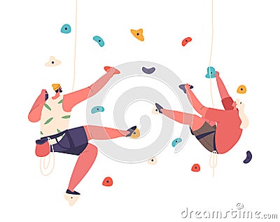 Climbers Scaling Artificial Rock Walls, Displaying Strength, Balance, And Determination In Indoor Bouldering Facilities Vector Illustration