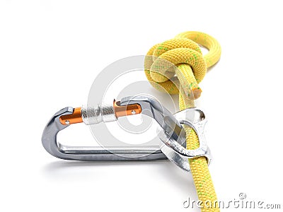 Climbing ascender, rope, carabiner, knot isolated on white. Climbing tools Stock Photo