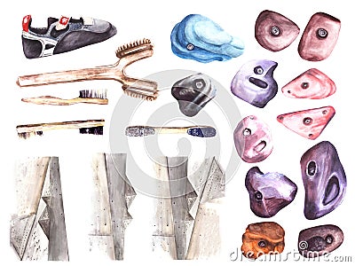 Climbing equipment set Shoes brushes rock holders bouldering walls Watercolor illustration hand draw Cartoon Illustration