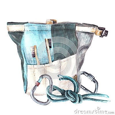 Climbing bouldering magnesium bag, brushes, rope with carabiner Watercolor hand draw isolated Cartoon Illustration
