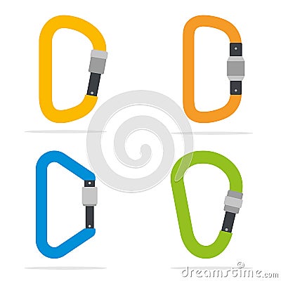 Climbing carabines set. Oval, offset-d, d-shaped and pear-shaped types. Vector flat illustration Vector Illustration