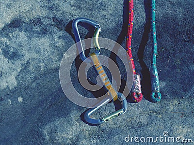 Climbing equipment - detail carabiners and rope Stock Photo