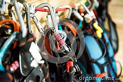 Climbing equipment hung on a rope Stock Photo