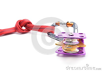 Climbing equipment - pulley, rope, carabiner isolated on white background Stock Photo