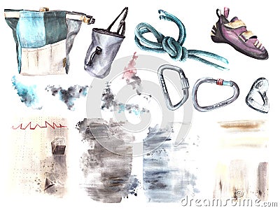 Climbing equipment set Sport shoe ,bags, bouldering walls rope, carabiners Watercolor illustration Cartoon Illustration