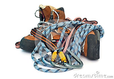 Climbing gear - carabiners, ropes and boots Stock Photo