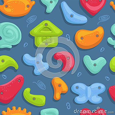 Climbing grips seamless pattern. Colorful hooks for artificial rocks. Different shapes repeating elements. Stable ledges Vector Illustration