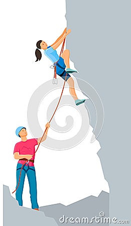 Climbing group man and woman couple tourists ascend the mountain Vector Illustration