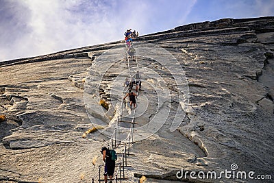 Climbing the Half Dome Cables, Yosemite National Park, California Stock Photo