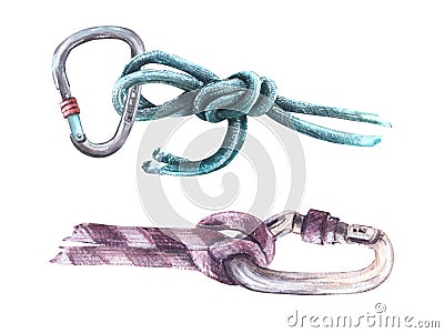 Climbing rope with carabiner Set. Watercolor Bouldering illustration isolated white background Cartoon Illustration