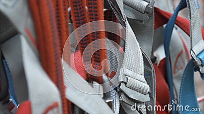 Climbing seat belt buckle. Stock. Rock climber seat belts close up Stock Photo