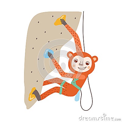 Climbing sport. Cute animal climbs in bouldering park. Vector monkey climber illustration for summer activity Vector Illustration