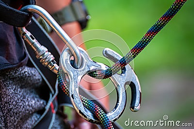 Climbing sports image of a carabiner on a rope Stock Photo