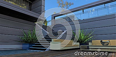 Climbing the stone stairs to the upper terrace past a compact patio on a wooden deck in the courtyard of a technological house. 3d Cartoon Illustration