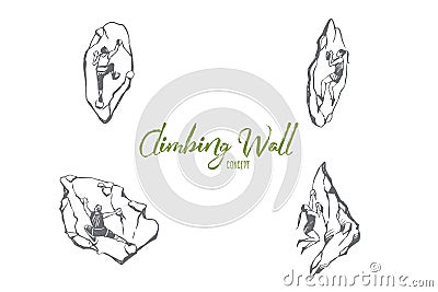 Climbing wall - men and women climbing up artificial wall vector concept set Vector Illustration