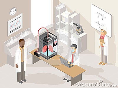 Clinic laboratory with medical 3D printer and professional doctors Vector Illustration