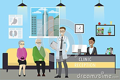 Clinic reception, doctor and old caucasian patients Vector Illustration