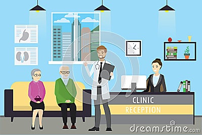 Clinic reception, doctor and old caucasian patients Vector Illustration