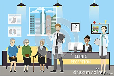 Clinic reception, doctor and old woman patients,african american Vector Illustration