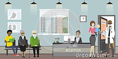 Clinic reception, doctor and old woman patients,african american Vector Illustration