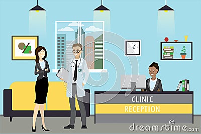 Clinic reception, doctor and patient are standing, administrator Vector Illustration