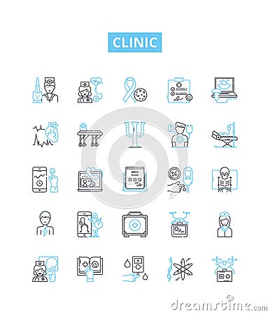 Clinic vector line icons set. Clinic, Medical, Healthcare, Outpatient, Treatment, Diagnostic, Surgery illustration Vector Illustration