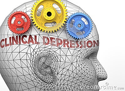 Clinical depression and human mind - pictured as word Clinical depression inside a head to symbolize relation between Clinical Cartoon Illustration