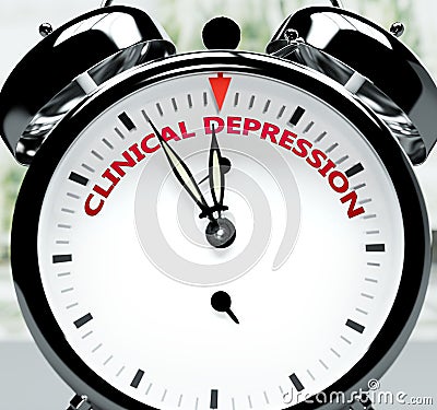 Clinical depression soon, almost there, in short time - a clock symbolizes a reminder that Clinical depression is near, will Cartoon Illustration