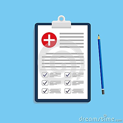 Clinical record, prescription, medical checkup report, health insurance concepts. Clipboard with checklist. vector eps10 Stock Photo