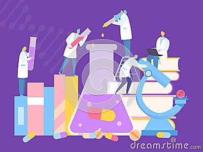 Clinical research laboratory drug, doctor teamwork vector illustration. Man and woman in medical gown conducting Vector Illustration