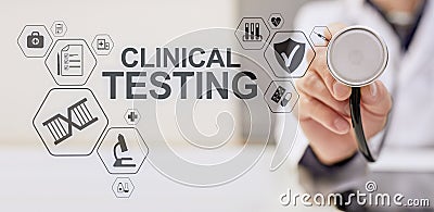 Clinical testing research, Pharmacy and Medicine concept on screen. Stock Photo