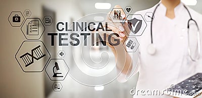 Clinical testing research, Pharmacy and Medicine concept on screen. Stock Photo