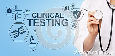 Clinical testing research, Pharmacy and Medicine concept on screen. Stock Photo