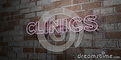 CLINICS - Glowing Neon Sign on stonework wall - 3D rendered royalty free stock illustration Cartoon Illustration