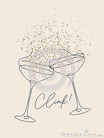 Clink glass of champagne with splash beige bg Vector Illustration