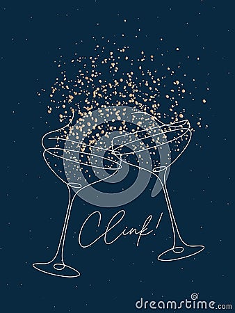 Clink glass of champagne with splash blue bg Vector Illustration